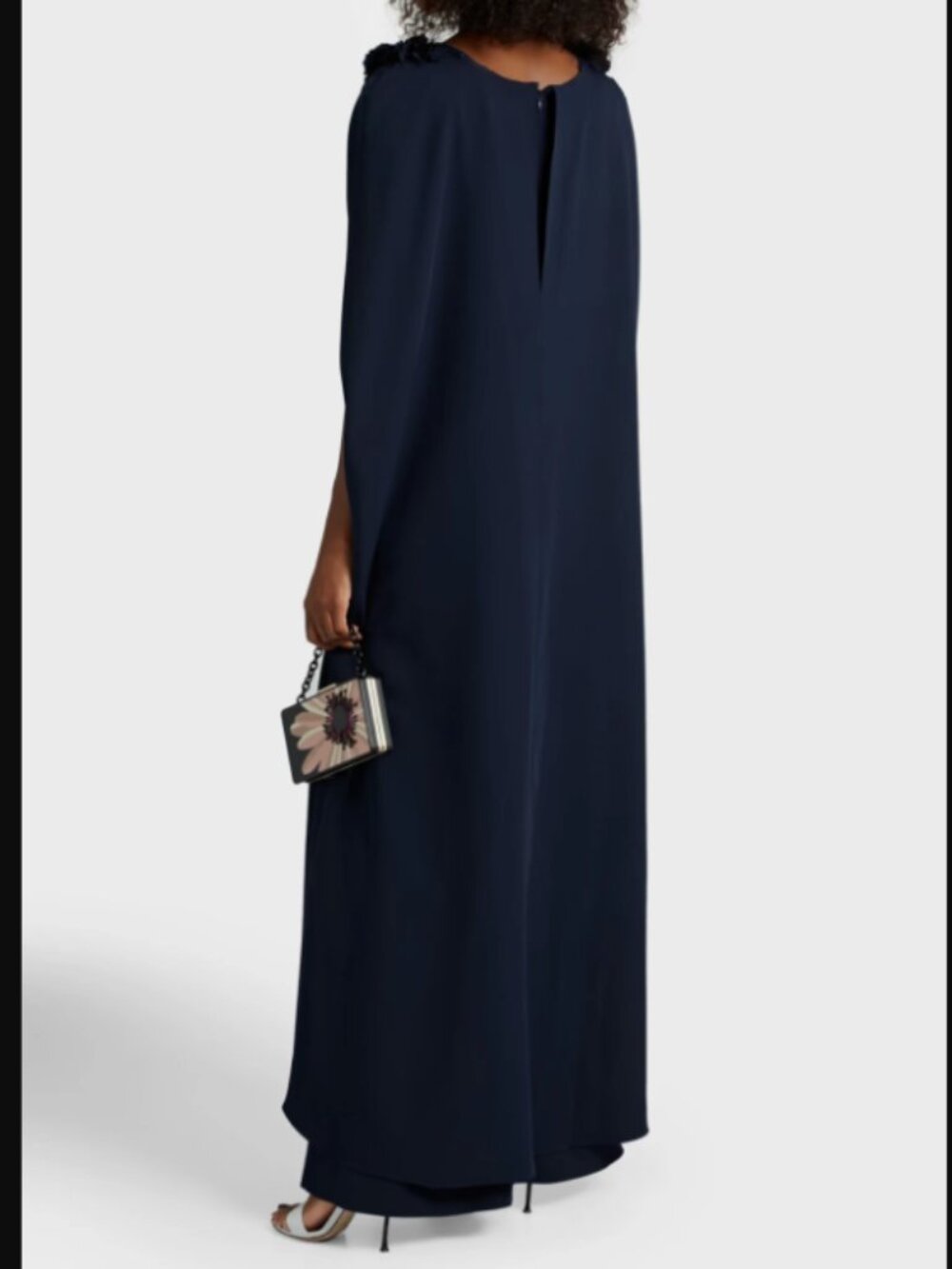 NEW Marchesa Notte Cape Effect Floral-Appliquéd Cady Gown Navy Blue Size 4 - Picture 3 of 7